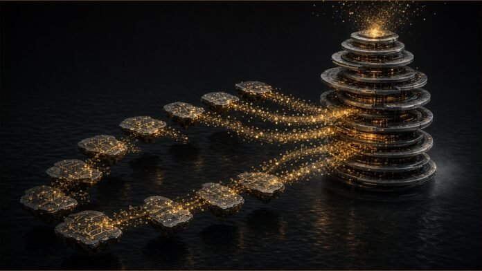 GoTo 27B Open-Weight Model for Indonesian Languages | TSN Illustration of a chain of small circuit islands streaming glowing particles into a tall stack of layered model weights.