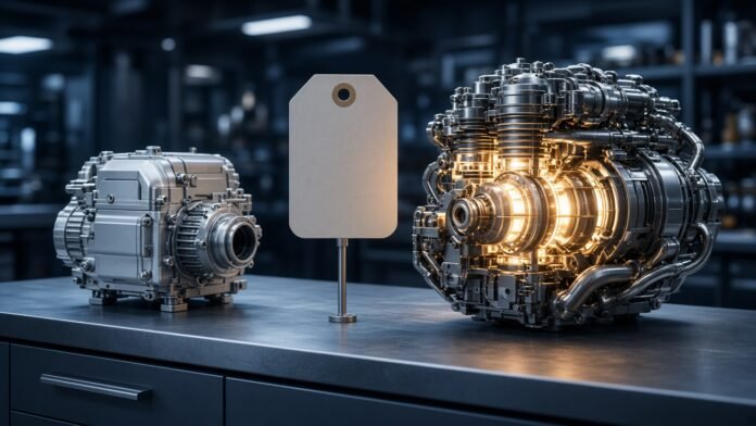 Smaller lighter engine beside a large glowing engine on a workbench with a blank price tag