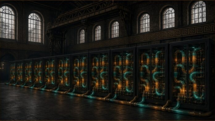Illustration of liquid-cooled supercomputer racks inside a converted power-station hall.