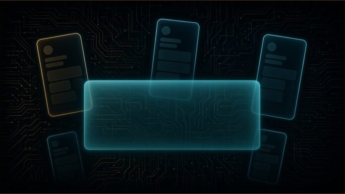 Illustration of abstract smartphone outlines with blank social-feed screens behind a translucent cyan glass gate on a dark circuit background