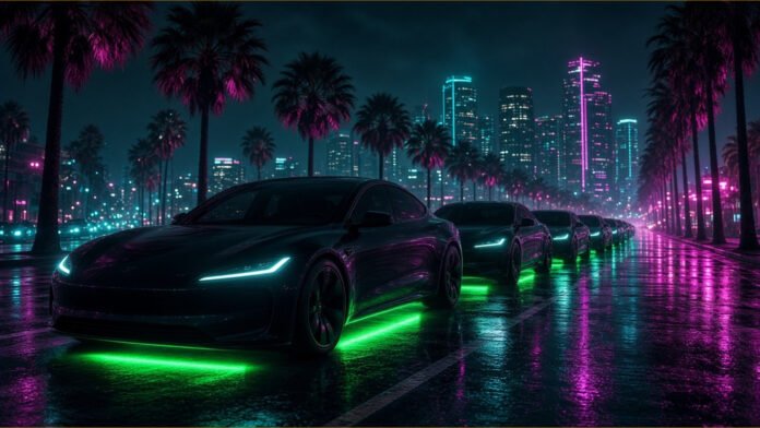 Green SM Launches All-Electric VinFast Taxis in Los Angeles Electric car silhouette of glowing green circuit lines on a palm-lined boulevard at dusk