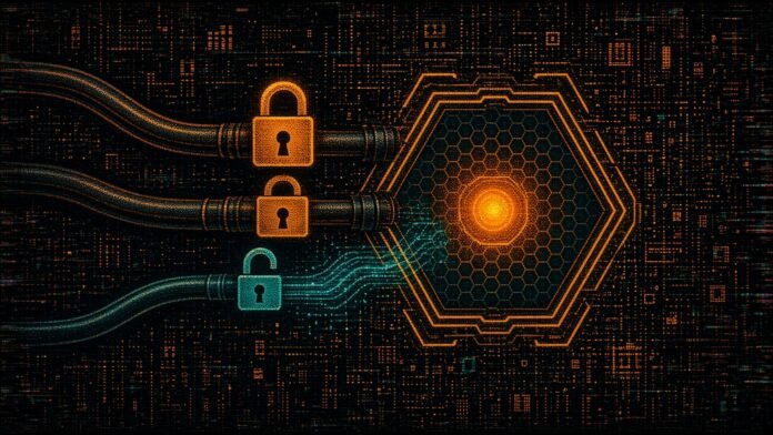 Three cables of different thickness plug into a hexagonal agent core; two end in closed padlocks and one in an open padlock, with data lines flowing only through the open one.