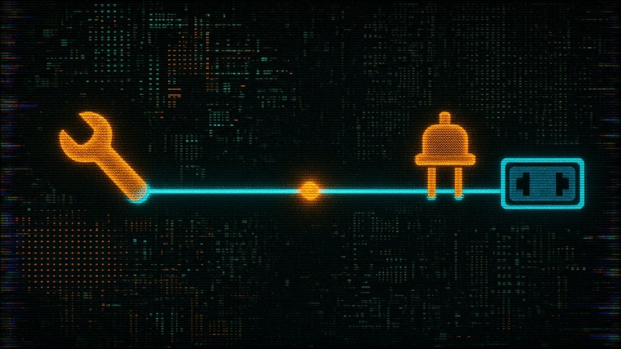 A glowing wrench, a plug and a wall socket joined by one line, showing a tool, a connector and the shared standard that links them.