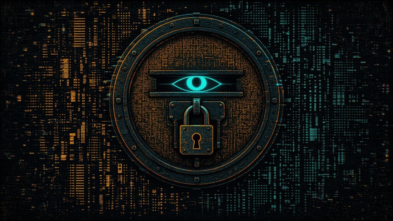 A heavy vault door with a narrow slot and a single glowing eye looking in, with the padlock still closed, showing read-only access.
