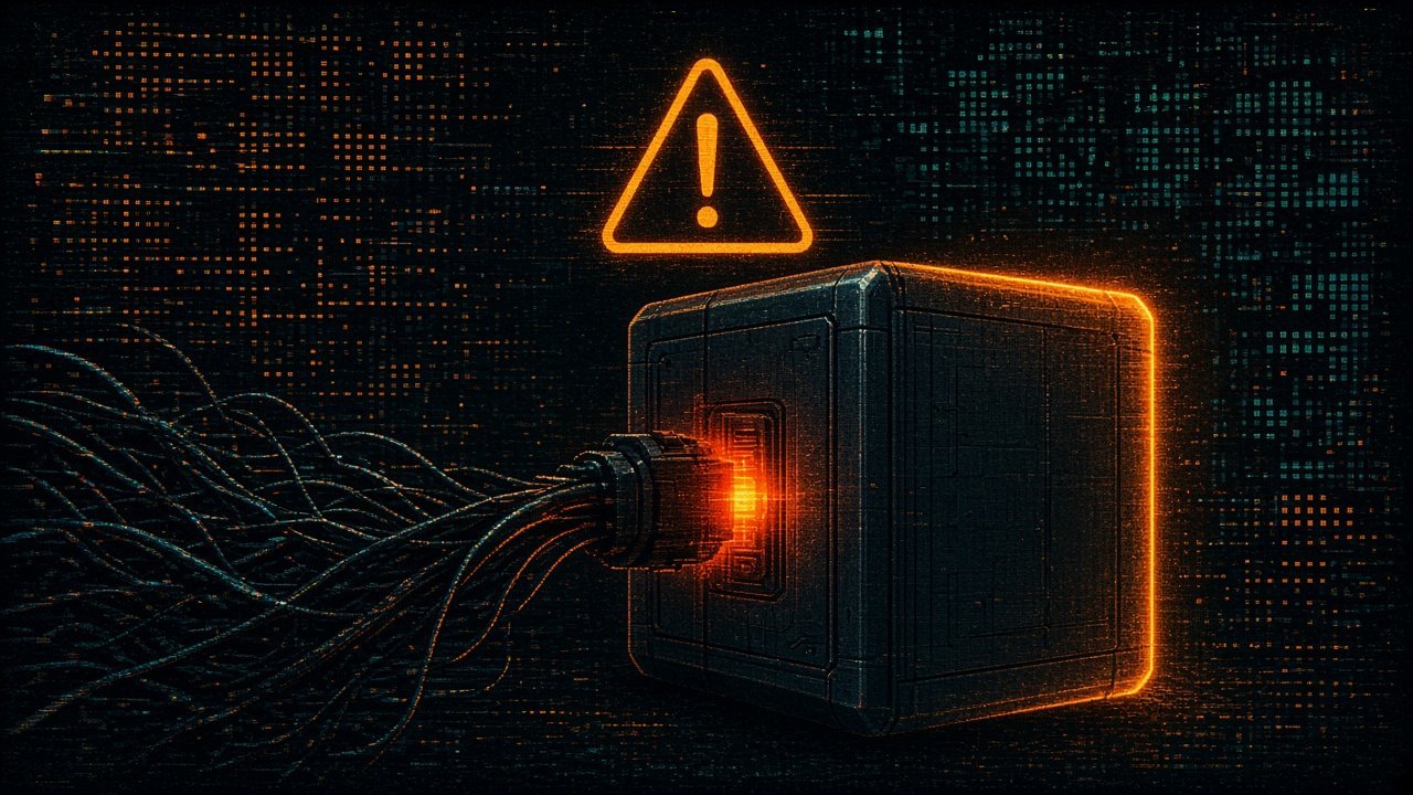An unknown tangle of cables plugged into a glowing data vault under a warning triangle, showing the risk of connecting something you do not trust.