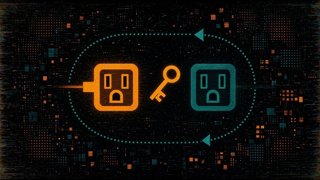 A plug lined up with a socket, a key floating between them and a dotted loop arrow showing sign in once, then connect.