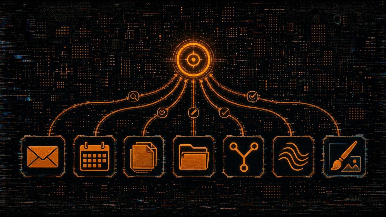 A row of seven service symbols (mail, calendar, pages, folder, branch, signal wave, paintbrush) each linked by a cable to one shared hub.