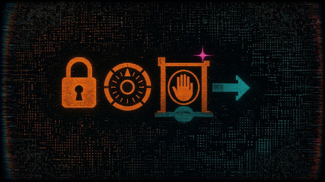 A padlock and a three-notch dial set to the first notch, beside an orange gate with a stop-hand symbol blocking an outgoing arrow.