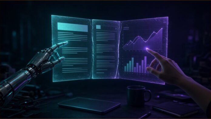Grok Bot Can Now Build Reports, Memos and Dashboards | TSN Illustration of a robot hand and a human hand editing a floating page split into a report, a memo and a dashboard of glowing charts