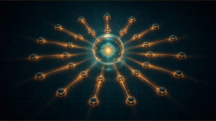 Grok Bot Update: Faster Tasks and New Connectors | TSN A glowing central orb linked by fast amber light trails to a ring of connector nodes.