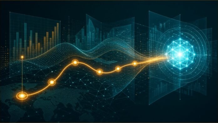 An amber path of nodes leading through data charts to a glowing core.