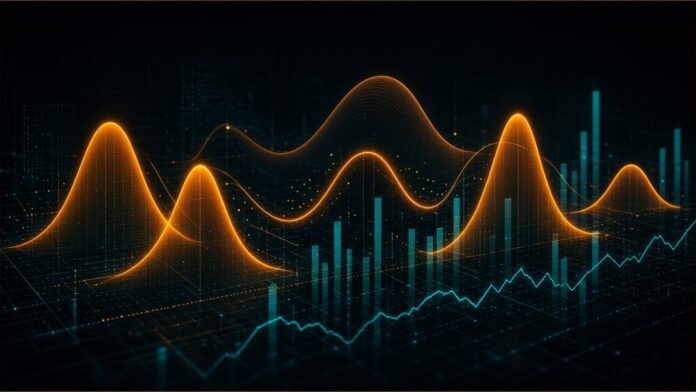 Glowing amber bell curves over teal market bars and a rising line.