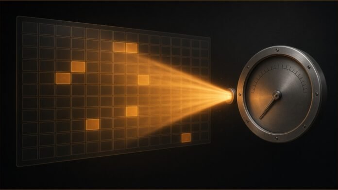 Illustration of an amber light beam scanning a grid of blank spreadsheet cells beside a steel gauge.