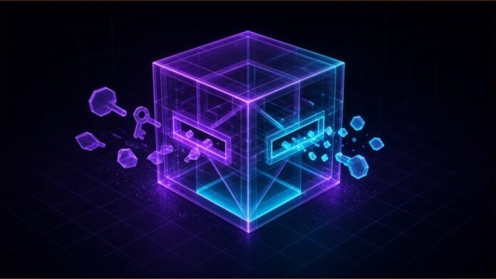 Grok Bot Adds a Vault for Logins and Cards | TSN Illustration of a glowing translucent cube on a dark grid with abstract keys and tokens of light drifting into slots in its sides
