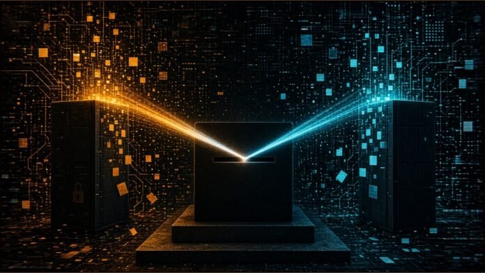 Forced to Pick, Grok Backs GOP, GPT Democrats: Study | TSN Illustration of a blank box on a plinth splitting a beam of light into two beams that run into separate server towers