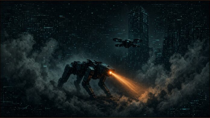 Illustration of a four-legged robot stepping through smoke with an amber sensor beam, a drone hovering by a tower block