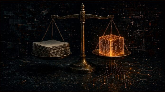 Guidewire to Buy hyperexponential for $1.7bn | TSN Illustration of a brass balance scale weighing paper sheets against a glowing amber circuit cube