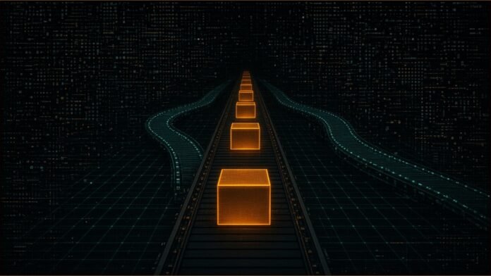 GXO Adds 2 US Sites for Agility's Digit Humanoid | TSN Illustration of glowing amber boxes moving along a long conveyor line into the dark, with two teal side conveyors branching off