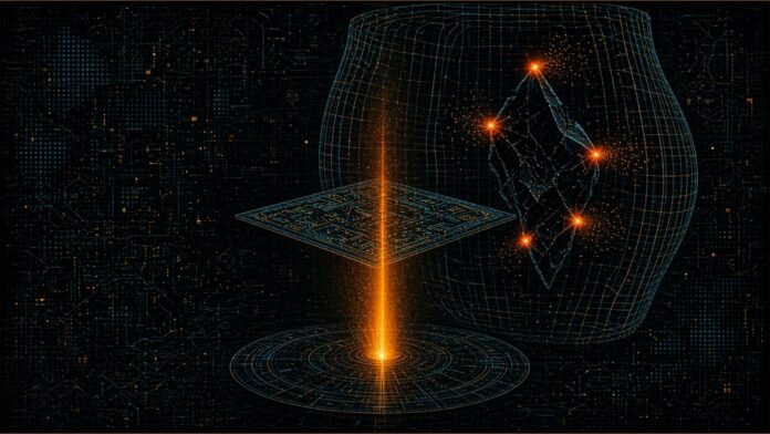 3D-Printed Holograms Aid Stroke Therapy in Mice | TSN Illustration of an amber beam passing through a ridged printed plate and splitting into glowing focal points around a dark crystalline shape inside a wireframe cylinder