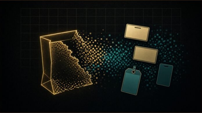 Illustration of a split shopping bag outline dissolving into pixels beside blank membership cards.