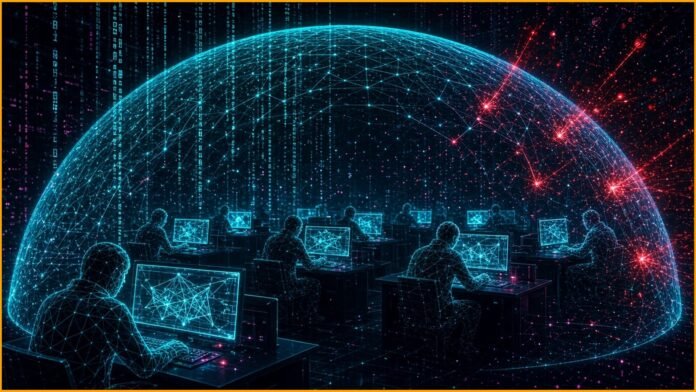 Harmonic Security Raises $50M Series B Led by Crosspoint Glowing message packets from workstation nodes passing a filter gate that catches one red key-shaped packet