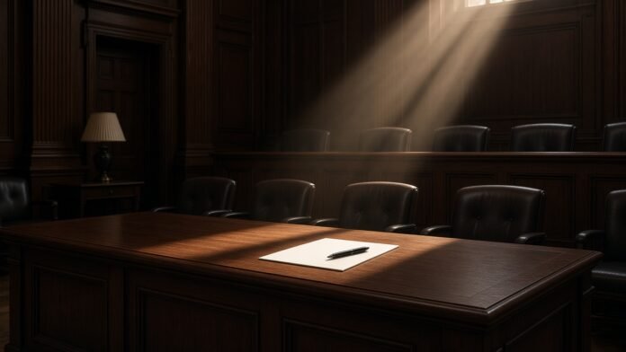 Empty Senate hearing room with empty chairs and light on a blank notepad