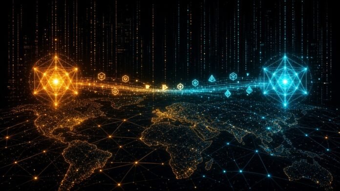 Two glowing nodes linked by a bridge of light over a global network map