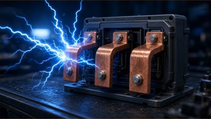 Illustration of an unbranded high-voltage power module with copper busbars on a lab bench, with arcs of blue energy flowing into it