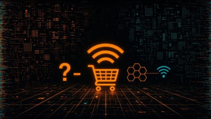 A shopping cart emitting Wi-Fi arcs, beside a hexagon network linked to a signal icon and a question mark.