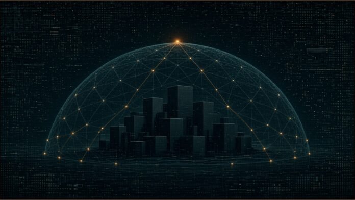 Helsing Unveils Contra Air Defence, Two Interceptors | TSN Illustration of a translucent teal mesh dome over a quiet cluster of dark buildings, with an amber node at its apex linked to sensor nodes around the rim
