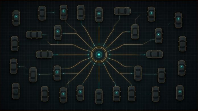 Hertz's Oro Mobility Raises $80M for Fleet Growth | TSN Illustration of a top-down grid of cars, some with sensor domes, linked by glowing route lines to a central hub.