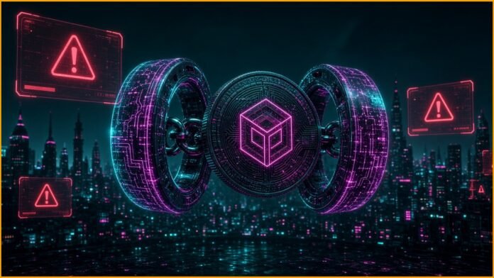 Glowing hexagon-shaped token caught in a net of red light beams above a skyline of domes and minarets