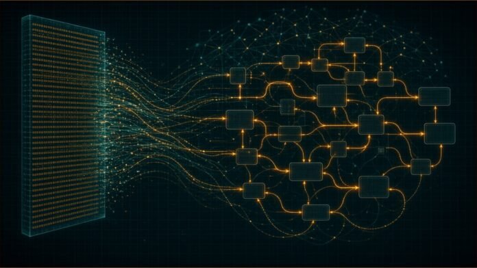 Binary code streaming into a glowing control-flow graph over a faint neural network.