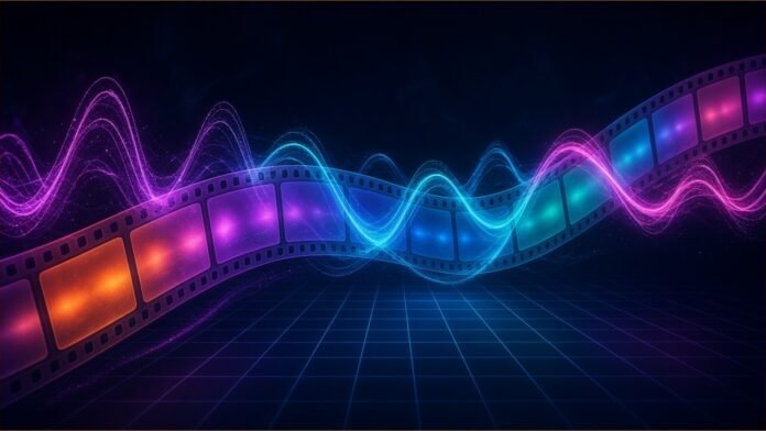 Illustration of a glowing strip of film frames winding through dark space, threaded with bright cyan and magenta sound waves above a neon grid