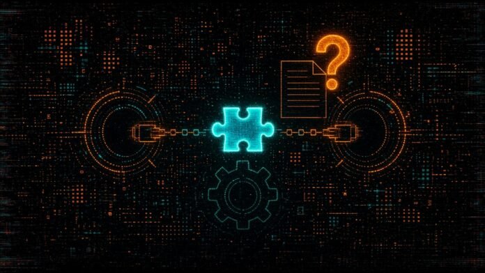 Symbol-only illustration of two data hubs joined by a cyan puzzle-piece plug, with a blank ledger page and an orange question mark hovering over it.