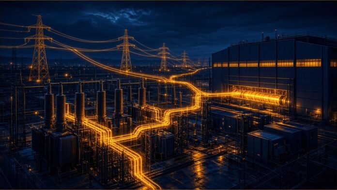 A substation and pylons carrying glowing amber power flows at night.