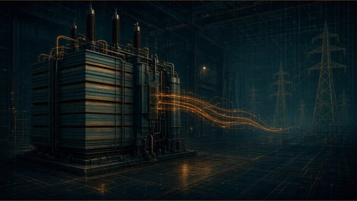 Hitachi Energy: CAD 479m Ontario Insulation Plant | TSN A large power transformer in a factory hall with glowing lines running out to transmission towers.