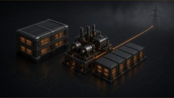 Illustration of a modular data hall beside an on-site power plant and battery units, with a thin cable running to a distant grid pylon.