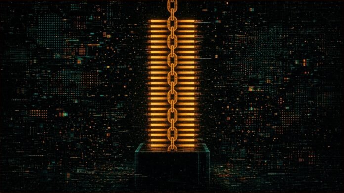 HIVE's BUZZ HPC Borrows $129m at 9% for Cohere GPUs | TSN Illustration of a column of glowing amber bars chained to a heavy dark base, held in place by a thin amber chain.