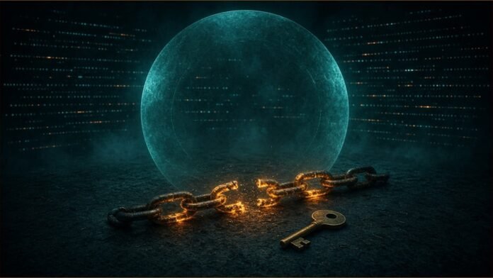 Illustration of a broken chain of glowing amber links and a key resting before a calm teal protective ring.