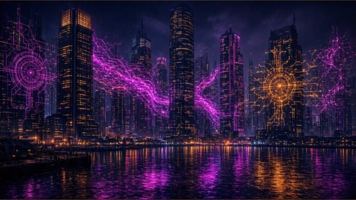 Three interlocking luminous rings over a harbour skyline drawn in circuit lines
