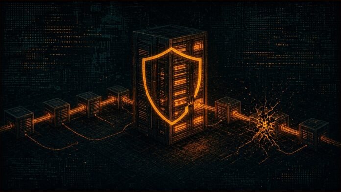 Illustration of an amber server rack linked to outside supplier servers, with one cracked link and a gap in a shield outline