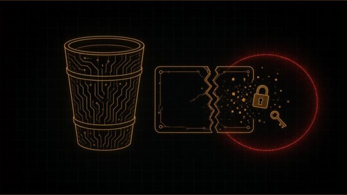 Illustration of a coffee cup drawn in glowing circuit lines beside a cracked membership card, an open padlock and a key.