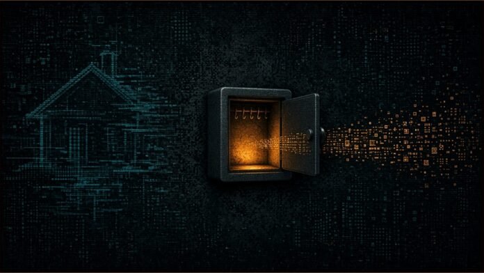 Illustration of an open wall-mounted key safe glowing amber, with data blocks streaming out and a glitching cottage outline behind