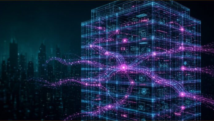 Honeywell Launches Forge Cognition AI Agents for Buildings Translucent wireframe office building with a glowing brain-like network threaded through its floors