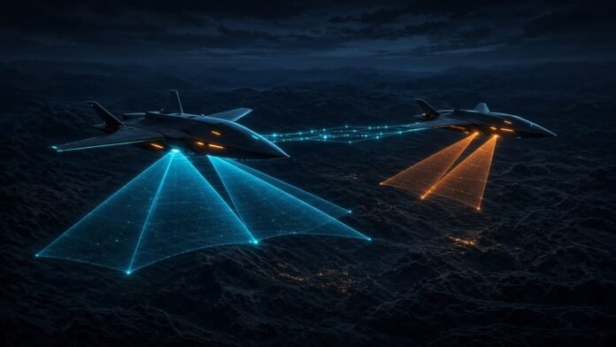 Two wireframe multirotors over a desert grid, one scanning a ground marker, linked by a data beam