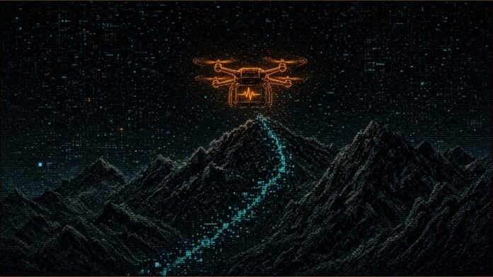 Illustration of a glowing amber drone carrying a small box with a heart-rhythm line over a dark mountain ridge, above a cyan dotted path