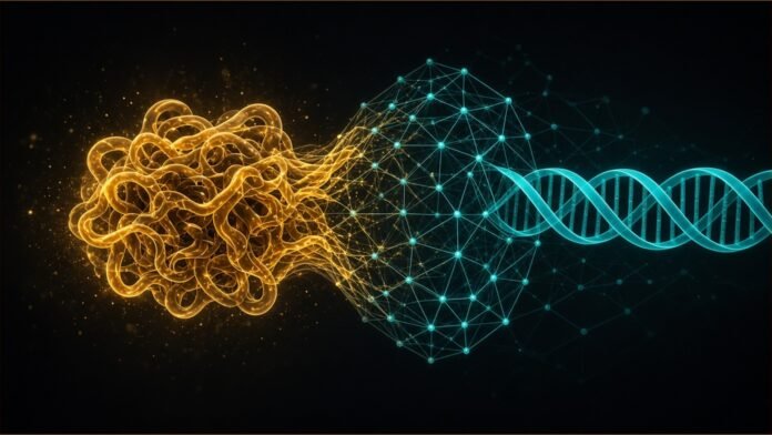 Illustration of a tangled molecular ribbon unfolding through a neural-network lattice.