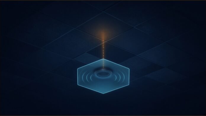 Illustration of a disc-shaped wireless node on a dark ceiling grid, inside a glowing cyan hexagonal shield with an amber update stream above it
