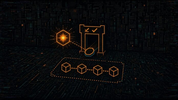 A spark-core hexagon agent passing a coin through a gate, above a dotted test chain of linked blocks.